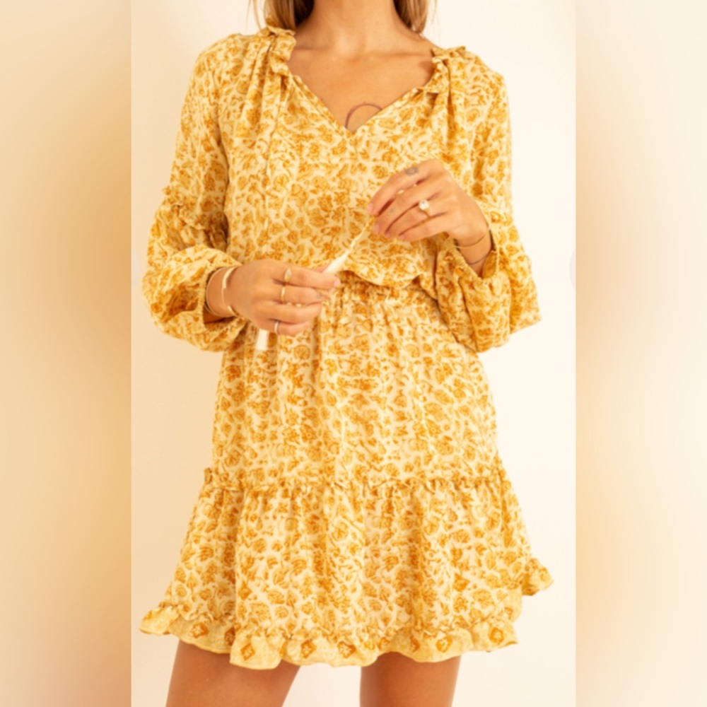 NATALIE MARTIN 100%Silk Yellow Artsy Floral TieNeck Maggie Dress Ivy Cumin NWT L